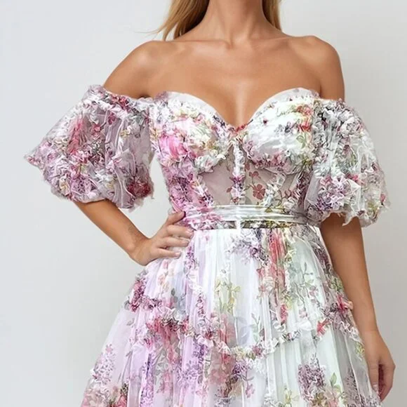 NEW FORMAL SLEEVELESS A-LINE RUCHED FLORAL GOWN W/ OFF SHOULDER SLEEVES JT2887C
